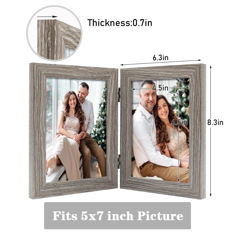 Frametory, 5x7 Double Picture Frame - Real Glass Hinged 2 Photos Collage, Desktop Picture Frame Standing Vertical (Grey, 1 Pack) - Image 2